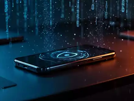 Ein modernes Smartphone auf einem dunklen Schreibtisch mit digitaler Cyber-Sicherheits-Beleuchtung. - Foto: über boerse-global.de