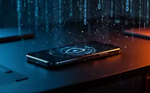 Ein modernes Smartphone auf einem dunklen Schreibtisch mit digitaler Cyber-Sicherheits-Beleuchtung. - Foto: über boerse-global.de