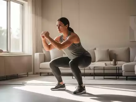Eine Person führt konzentriert eine Kniebeuge in einem hellen, modernen Wohnzimmer aus. - Foto: über boerse-global.de