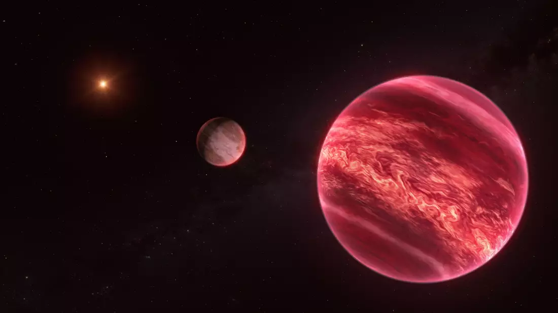 Künstlerische Darstellung des Systems um den Stern CD-35 2722. Das System besteht aus einem Stern, einem Braunen Zwerg und einem Satelliten. - Bild: M. Kornmesser/ESO/dpa
