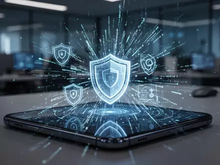 Ein Smartphone mit digitalen Datensymbolen und einem Sicherheitsschild auf dem Bildschirm in einer modernen Büroumgebung. - Foto: über boerse-global.de