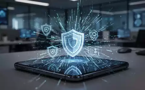 Ein Smartphone mit digitalen Datensymbolen und einem Sicherheitsschild auf dem Bildschirm in einer modernen Büroumgebung. - Foto: über boerse-global.de