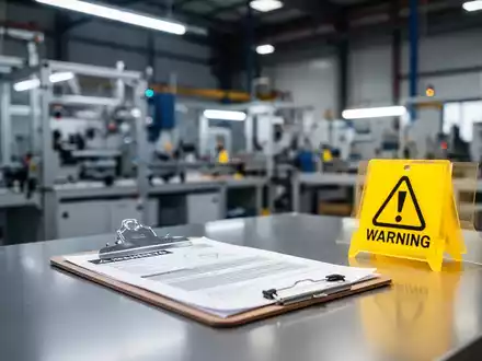 Ein Klemmbrett mit Sicherheitsunterlagen in einer modernen Industriehalle, das die Überwachung von Arbeitsschutz symbolisiert. - Foto: über boerse-global.de
