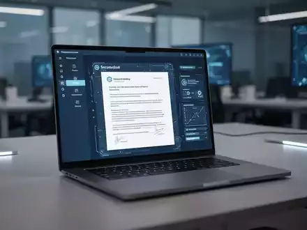 Ein Laptop-Bildschirm zeigt ein geschütztes digitales Dokument in einer sicheren Unternehmensumgebung. - Foto: über boerse-global.de