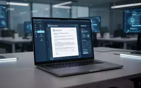 Ein Laptop-Bildschirm zeigt ein geschütztes digitales Dokument in einer sicheren Unternehmensumgebung. - Foto: über boerse-global.de