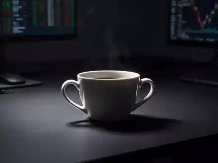 Eine leere Kaffeetasse auf einem dunklen Bürotisch vor einem unscharfen Hintergrund, die eine negative Marktstimmung symbolisiert. - Foto: über boerse-global.de
