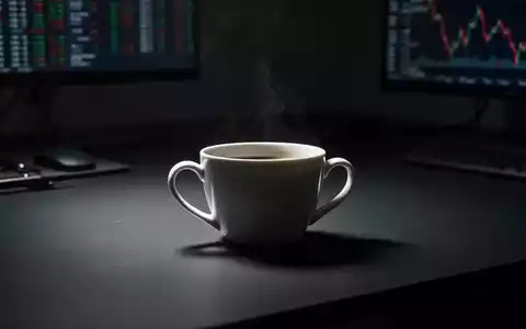 Eine leere Kaffeetasse auf einem dunklen Bürotisch vor einem unscharfen Hintergrund, die eine negative Marktstimmung symbolisiert. - Foto: über boerse-global.de