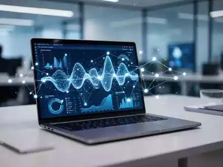 Moderner Büroarbeitsplatz mit Laptop, der KI-Datenvisualisierungen zeigt, symbolisiert Microsoft Copilot-Integration - Foto: über boerse-global.de