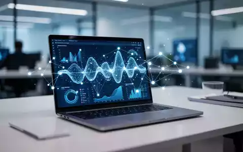 Moderner Büroarbeitsplatz mit Laptop, der KI-Datenvisualisierungen zeigt, symbolisiert Microsoft Copilot-Integration - Foto: über boerse-global.de