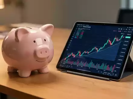 Ein Sparschwein auf einem Schreibtisch neben einem Tablet mit einer aufsteigenden Börsengrafik. - Foto: über boerse-global.de
