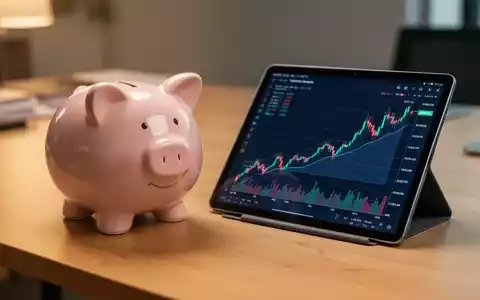 Ein Sparschwein auf einem Schreibtisch neben einem Tablet mit einer aufsteigenden Börsengrafik. - Foto: über boerse-global.de