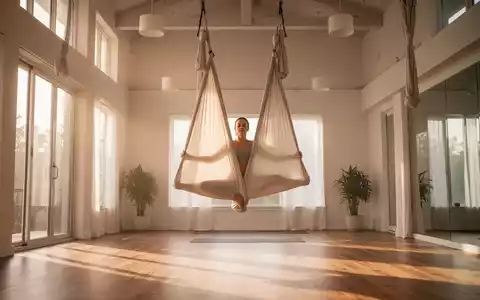 Eine Person praktiziert Aerial Yoga in einem hellen, modernen Studio, hängend in einem seidigen Tuch zur Entspannung. - Foto: über boerse-global.de