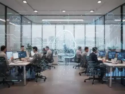 Modernes Bürointerieur mit digitalen Datenüberlagerungen, die autonome KI-Agenten und CRM-Integration darstellen. - Foto: über boerse-global.de