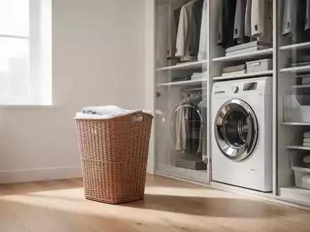 Ein minimalistischer, belüfteter Wäschekorb in einem modernen, hellen Ankleidezimmer. - Foto: über boerse-global.de