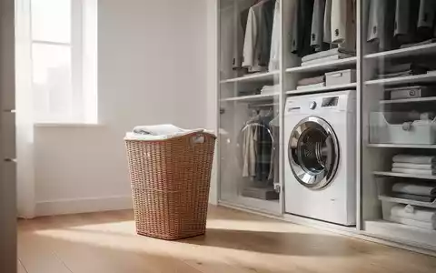 Ein minimalistischer, belüfteter Wäschekorb in einem modernen, hellen Ankleidezimmer. - Foto: über boerse-global.de