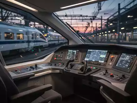 Modernes Cockpit eines Hochgeschwindigkeitszuges bei Dämmerung in einem Bahnhof. - Foto: über boerse-global.de