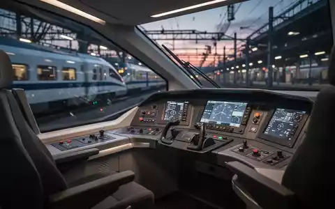 Modernes Cockpit eines Hochgeschwindigkeitszuges bei Dämmerung in einem Bahnhof. - Foto: über boerse-global.de