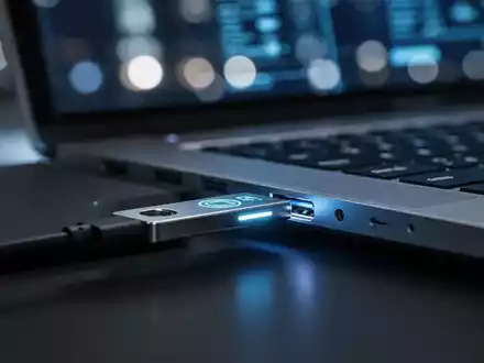 Nahaufnahme eines High-Tech-Sicherheitsschlüssels in einem Laptop, der moderne Passkey-Authentifizierung darstellt. - Foto: über boerse-global.de