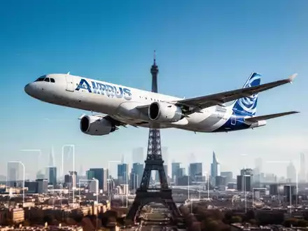 Ein Airbus-Flugzeug fliegt über die Skyline von Paris vor einem klaren blauen Himmel. - Foto: über boerse-global.de