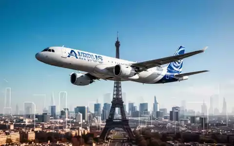 Ein Airbus-Flugzeug fliegt über die Skyline von Paris vor einem klaren blauen Himmel. - Foto: über boerse-global.de