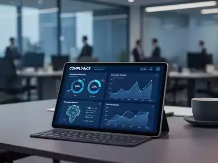 Modernes Büro-Workspace mit digitalem Dashboard zur Compliance-Überwachung und KI-Datenanalyse auf einem Tablet. - Foto: über boerse-global.de
