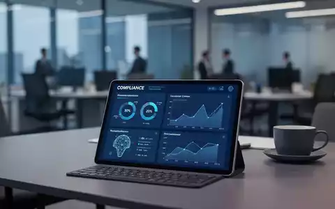 Modernes Büro-Workspace mit digitalem Dashboard zur Compliance-Überwachung und KI-Datenanalyse auf einem Tablet. - Foto: über boerse-global.de
