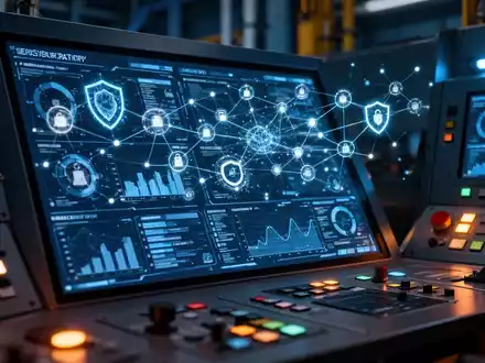 Digitales Dashboard mit Cyber-Sicherheits-Analysen und Netzwerk-Visualisierungen in einer modernen Industrieanlage. - Foto: über boerse-global.de