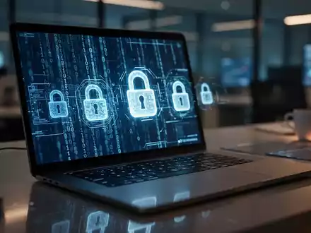 Ein Laptop-Bildschirm in einem modernen Büro mit abstraktem Binärcode und Sicherheitssymbolen zur Darstellung von Cybercrime. - Foto: über boerse-global.de