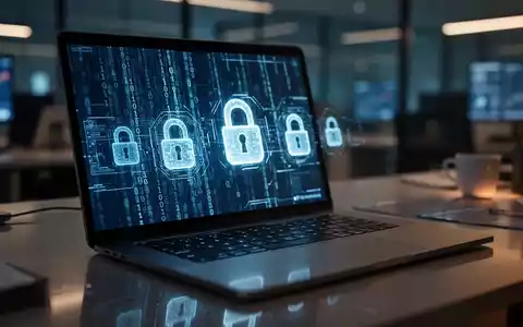 Ein Laptop-Bildschirm in einem modernen Büro mit abstraktem Binärcode und Sicherheitssymbolen zur Darstellung von Cybercrime. - Foto: über boerse-global.de