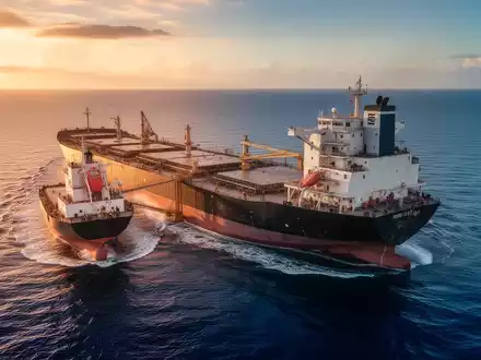 Ein großes Frachtschiff auf offener See bei Sonnenuntergang. - Foto: über boerse-global.de
