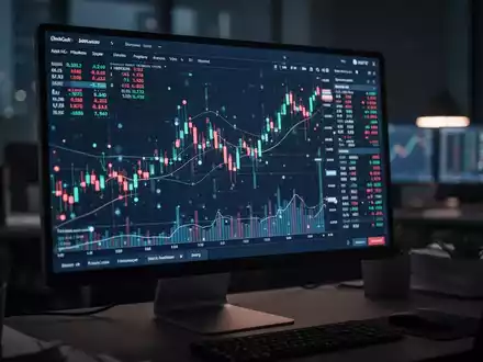 Digitale Handelsplattform mit abstrakten Finanzdiagrammen auf einem Computerbildschirm in einem dunklen Büro. - Foto: über boerse-global.de