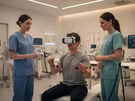 Ein Patient in einer modernen Klinik nutzt eine VR-Brille zur physiotherapeutischen Rehabilitation unter Aufsicht. - Foto: über boerse-global.de