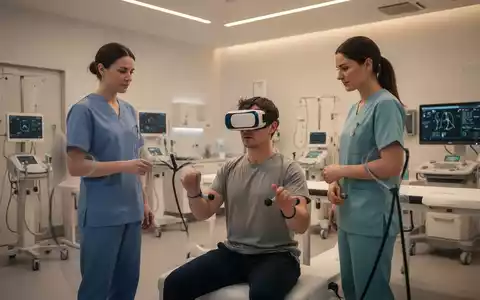 Ein Patient in einer modernen Klinik nutzt eine VR-Brille zur physiotherapeutischen Rehabilitation unter Aufsicht. - Foto: über boerse-global.de