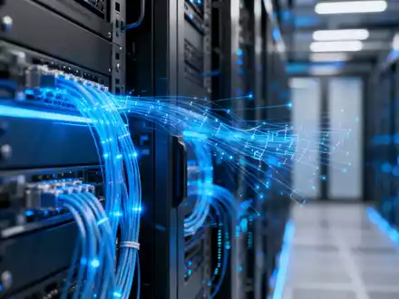 Modernes Rechenzentrum mit leuchtenden Glasfaserkabeln und digitalen Datenströmen als Symbol für die Redwood AI Übernahme. - Foto: über boerse-global.de