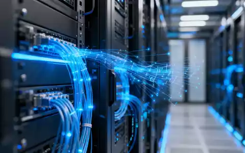 Modernes Rechenzentrum mit leuchtenden Glasfaserkabeln und digitalen Datenströmen als Symbol für die Redwood AI Übernahme. - Foto: über boerse-global.de