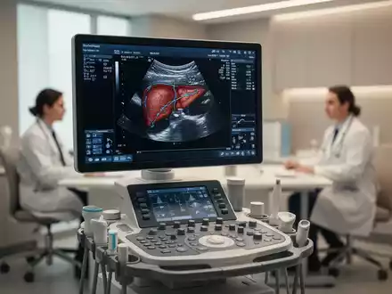 Ultraschallbild einer menschlichen Leber auf einem medizinischen Monitor in einer Praxis. - Foto: über boerse-global.de