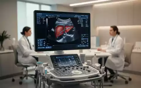 Ultraschallbild einer menschlichen Leber auf einem medizinischen Monitor in einer Praxis. - Foto: über boerse-global.de