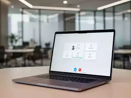 Ein moderner Laptop zeigt eine professionelle Videokonferenz-Oberfläche mit sauberen, übersichtlichen Meeting-Steuerelementen. - Foto: über boerse-global.de