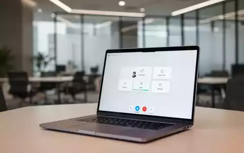 Ein moderner Laptop zeigt eine professionelle Videokonferenz-Oberfläche mit sauberen, übersichtlichen Meeting-Steuerelementen. - Foto: über boerse-global.de