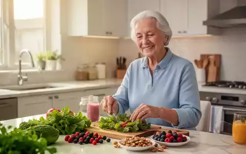 Ein älterer Mensch bereitet in einer hellen Küche eine gesunde Mahlzeit mit frischem Gemüse und Beeren zu. - Foto: über boerse-global.de