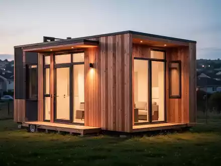 Modernes Tiny House auf einem Grundstück bei Dämmerung, das die architektonische Ästhetik und die ländliche Umgebung zeigt. - Foto: über boerse-global.de