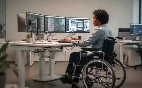 Eine Person im Rollstuhl arbeitet an einem modernen, barrierefreien Schreibtisch in einem Büro. - Foto: über boerse-global.de
