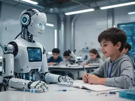 Humanoider Roboter interagiert mit einem Schüler in einem modernen Klassenzimmer. - Foto: über boerse-global.de