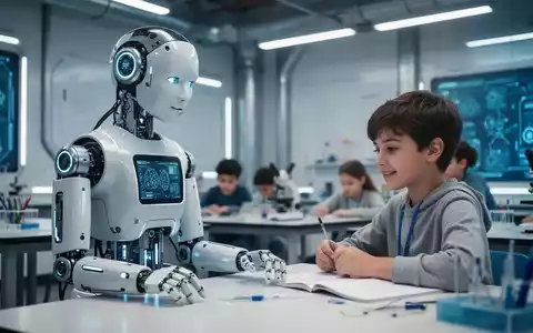 Humanoider Roboter interagiert mit einem Schüler in einem modernen Klassenzimmer. - Foto: über boerse-global.de