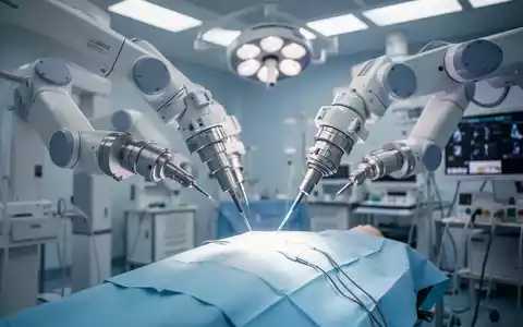 Ein hochmodernes robotergestütztes Chirurgiesystem in einem hellen Operationssaal. - Foto: über boerse-global.de