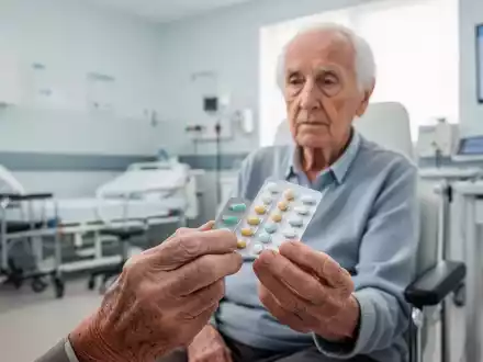 Ein älterer Patient hält eine Medikamentenpackung in einem hellen, professionellen Pflegezimmer. - Foto: über boerse-global.de
