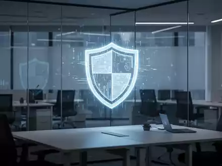 Ein minimalistischer Büroarbeitsplatz mit einem digitalen Schutzsymbol auf einer Glaswand als Symbol für Datenschutz. - Foto: über boerse-global.de