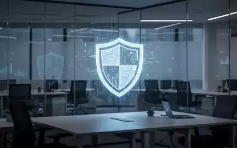 Ein minimalistischer Büroarbeitsplatz mit einem digitalen Schutzsymbol auf einer Glaswand als Symbol für Datenschutz. - Foto: über boerse-global.de