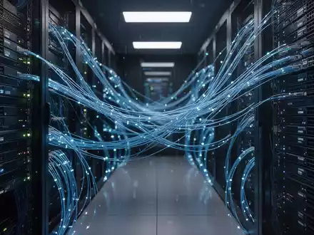 Dunkler High-Tech-Serverraum mit leuchtend blauen Kabeln, die Cybersicherheitsbedrohungen und digitale Infrastruktur darstellen. - Foto: über boerse-global.de