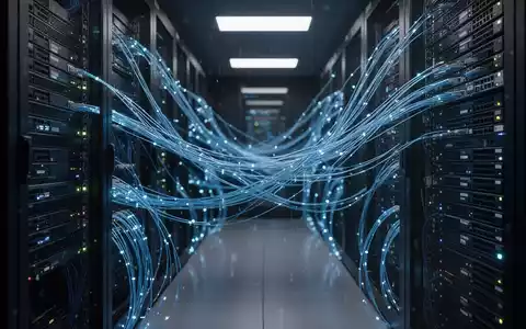 Dunkler High-Tech-Serverraum mit leuchtend blauen Kabeln, die Cybersicherheitsbedrohungen und digitale Infrastruktur darstellen. - Foto: über boerse-global.de